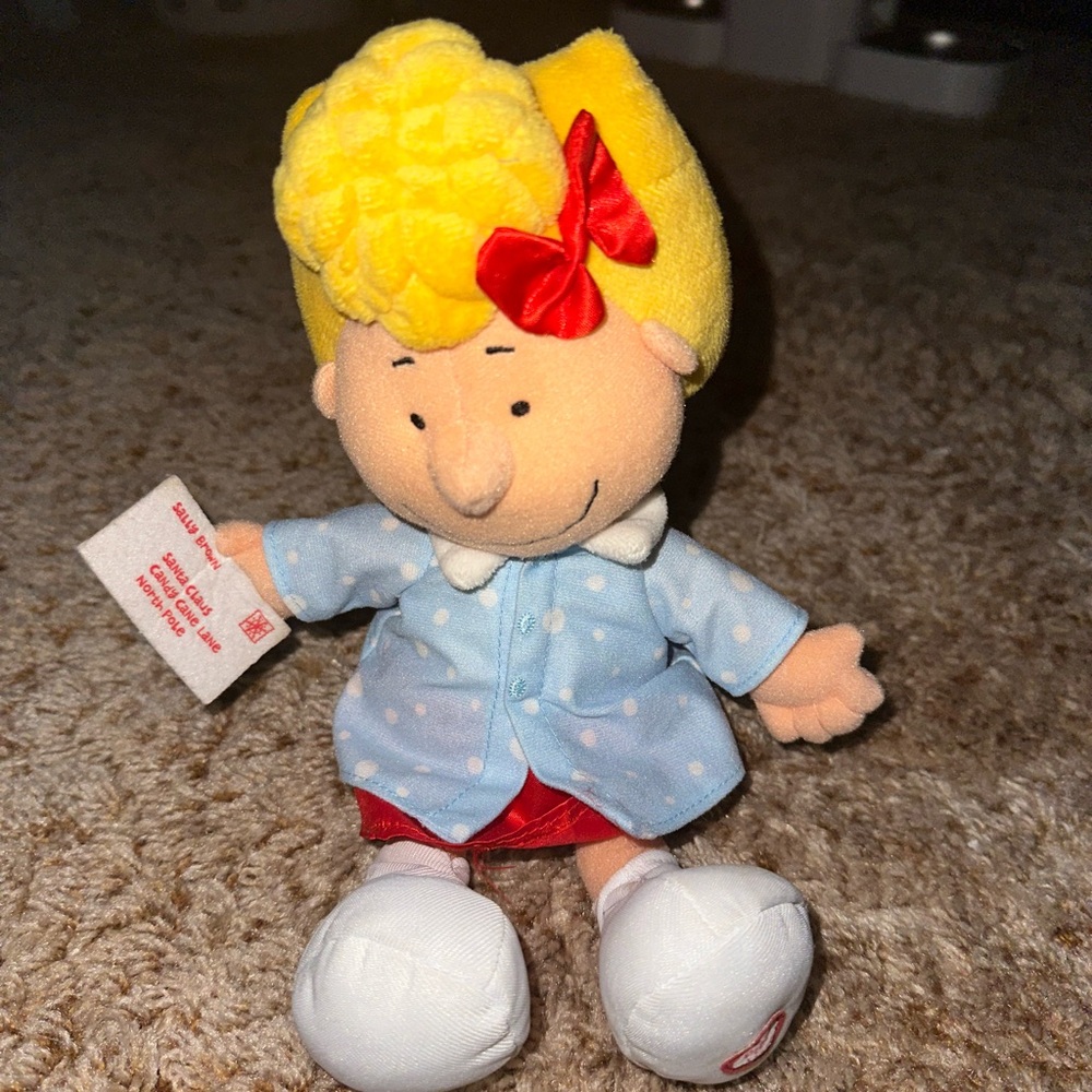 Charlie Browns Charming Stuffed Doll with Yellow Hair and Blue Polka Dot Outfit